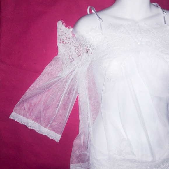 Cold Shoulder Sheer White Mesh Lace Babydoll Set - Picture 6 of 8